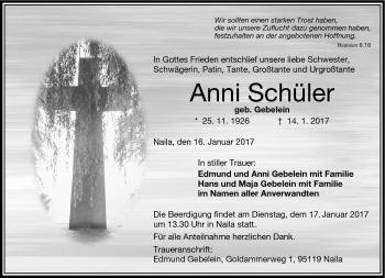 Traueranzeige von Anni Schüler von Frankenpost