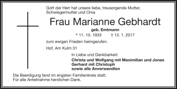 Traueranzeige von Marianne Gebhardt von Frankenpost