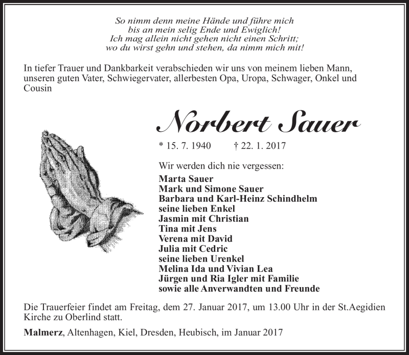  Traueranzeige für Norbert Sauer vom 25.01.2017 aus Südthüringer Presse