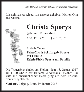 Traueranzeige von Christa Sporys von Südthüringer Presse