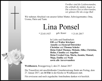 Traueranzeige von Lina Ponsel von Neue Presse Coburg