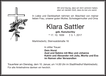 Traueranzeige von Klara Sattler von Frankenpost
