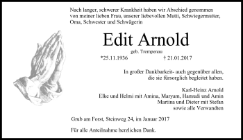 Traueranzeige von Edit Arnold von Neue Presse Coburg