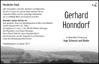 Traueranzeige von Gerhard Honndorf von Südthüringer Presse
