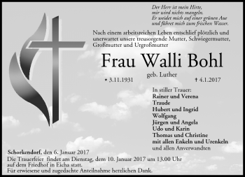 Traueranzeige von Walli Bohl von Neue Presse Coburg