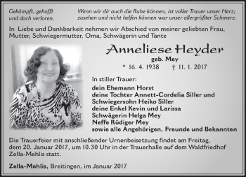 Traueranzeige von Anneliese Heyder von Südthüringer Presse
