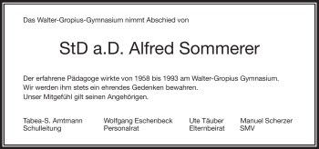 Traueranzeige von Alfred Sommerer von Frankenpost
