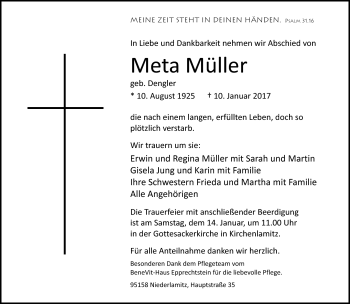 Traueranzeige von Meta Müller von Frankenpost