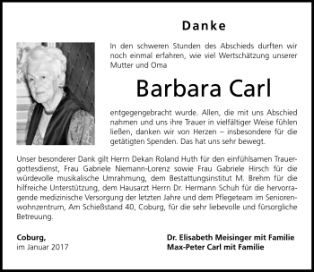 Traueranzeige von Barbara Carl von Neue Presse Coburg