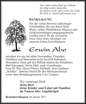 Traueranzeige von Erwin Abe von Südthüringer Presse