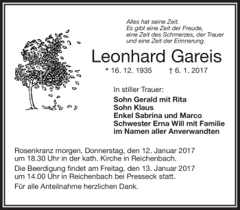 Traueranzeige von Leonhard Gareis von Frankenpost
