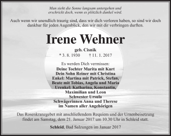 Traueranzeige von Irene Wehner von Südthüringer Presse