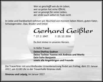 Traueranzeige von Gerhard Geißler von Südthüringer Presse