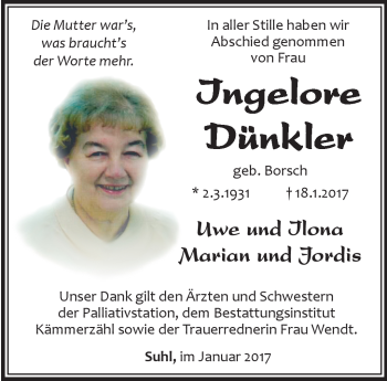 Traueranzeige von Ingelore Dünkler von Südthüringer Presse