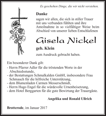 Traueranzeige von Gisela Nickel von Südthüringer Presse