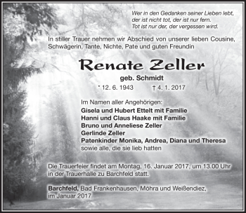 Traueranzeige von Renate Zeller von Südthüringer Presse
