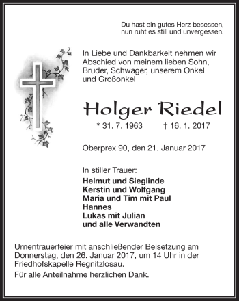 Traueranzeige von Holger Riedel von Frankenpost