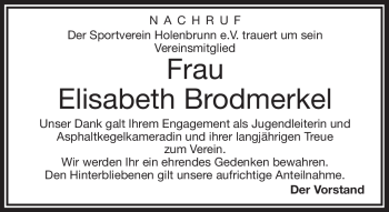 Traueranzeige von Elisabeth Brodmerkel von Frankenpost