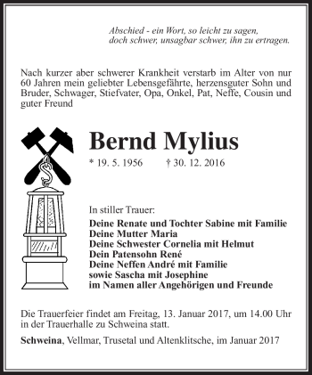 Traueranzeige von Bernd Mylius von Südthüringer Presse