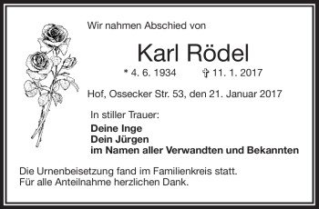 Traueranzeige von Karl Rödel von Frankenpost