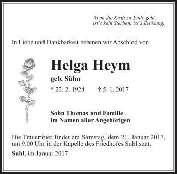 Traueranzeige von Helga Heym von Südthüringer Presse