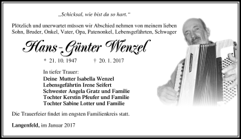 Traueranzeige von Hans-Günter Wenzel von Südthüringer Presse