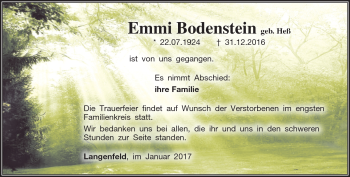 Traueranzeige von Emmi Bodenstein von Südthüringer Presse