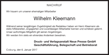 Traueranzeige von Wilhelm Kleemann von Neue Presse Coburg