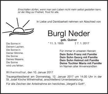 Traueranzeige von Burgl Neder von Neue Presse Coburg
