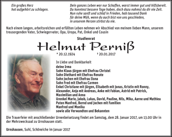Traueranzeige von Helmut Perniß von Südthüringer Presse