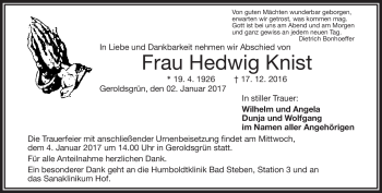 Traueranzeige von Hedwig Knist von Frankenpost