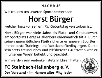 Traueranzeige von Horst Bürger von Südthüringer Presse