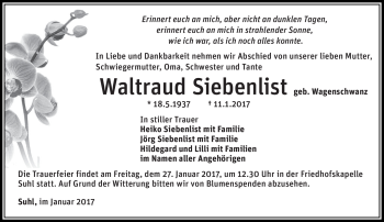 Traueranzeige von Waltraud Siebenlist von Südthüringer Presse