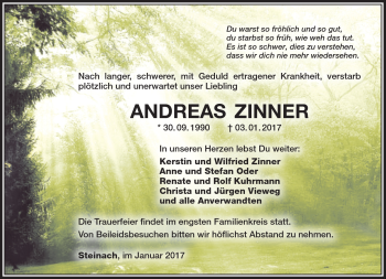 Traueranzeige von Andreas Zinner von Südthüringer Presse
