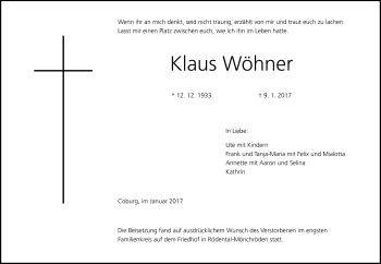 Traueranzeige von Klaus Wöhner von Neue Presse Coburg