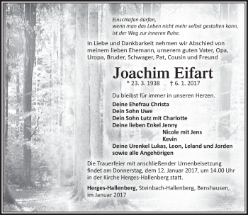 Traueranzeige von Joachim Eifart von Südthüringer Presse