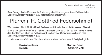 Traueranzeige von Gottfried Federschmidt von Frankenpost