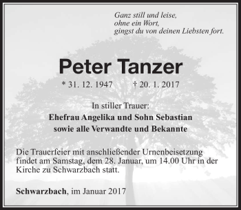 Traueranzeige von Peter Tanzer von Südthüringer Presse
