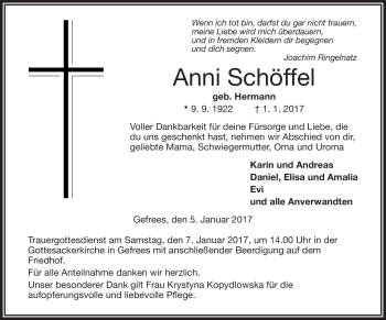 Traueranzeige von Anni Schöffel von Frankenpost