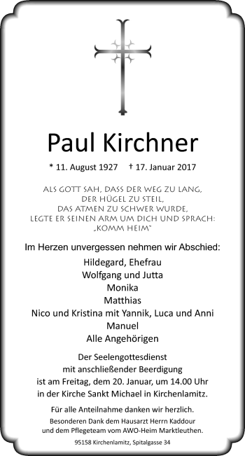Traueranzeige von Paul Kirchner von Frankenpost