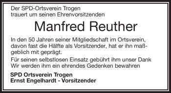 Traueranzeige von Manfred Reuther von Frankenpost