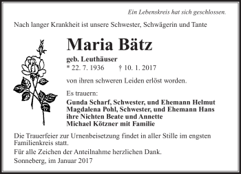 Traueranzeige von Maria Bätz von Südthüringer Presse