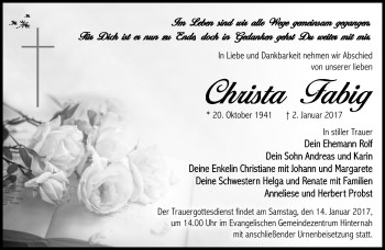 Traueranzeige von Christa Fabig von Südthüringer Presse