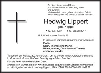 Traueranzeige von Hedwig Lippert von Frankenpost