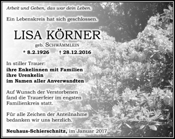 Traueranzeige von Lisa Körner von Südthüringer Presse