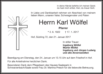 Traueranzeige von Karl Wölfel von Frankenpost