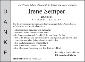 Traueranzeige von Irene Semper von Südthüringer Presse