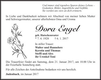 Traueranzeige von Dora Engel von Südthüringer Presse