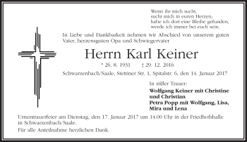 Traueranzeige von Karl Keiner von Frankenpost