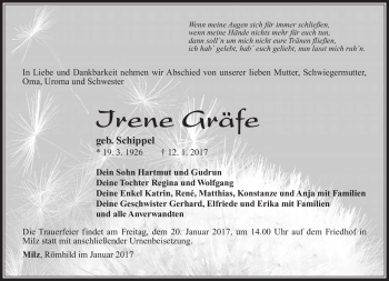Traueranzeige von Irene Gräfe von Südthüringer Presse